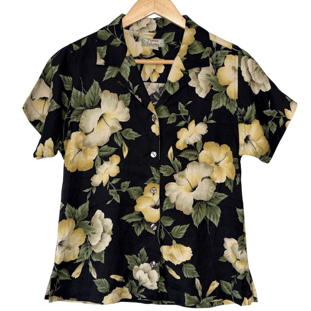 Tommy Bahama 100% Silk Womens S Black Floral Hawaiian Camp Shirt Aloha Top Relax